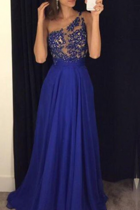 Royal Blue Celebrity Dresses Prom Gowns Lace And Beads Bodice Evening Dresses One Shoulder Prom Dress