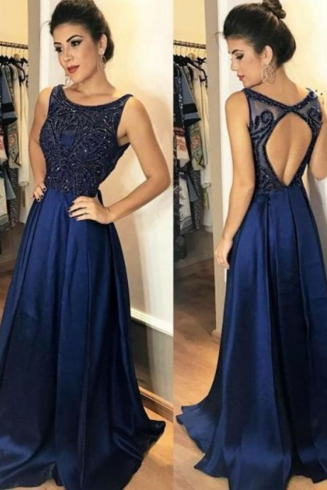 Fashion Open Back Floor Length Prom Dress With Beading Semi Formal Dresses