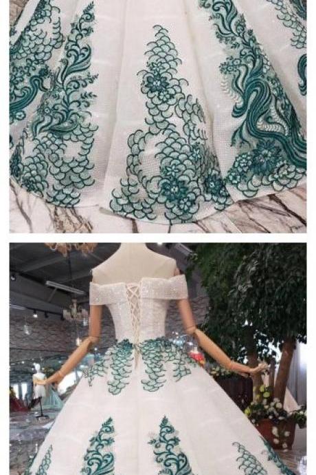 Ball Gown Off The Shoulder Prom Dress With Green Appliques, Quinceanera Dress