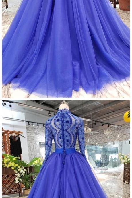 Royal Blue Long Sleeve Tulle Prom Dress With Lace, Long Party Dress With Beads