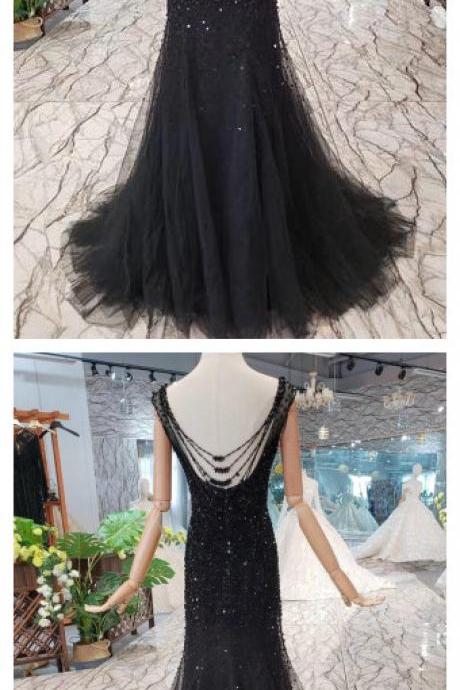 Black Mermaid Tulle Prom Dress With Sequins, Sparkly Sleeveless Evening Dresses