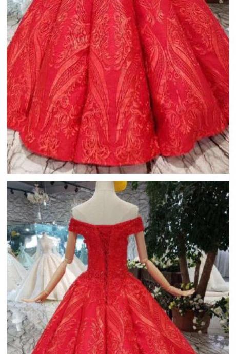 Red Off The Shoulder Puffy Prom Dress, Princess Dress With Lace Appliques Beads