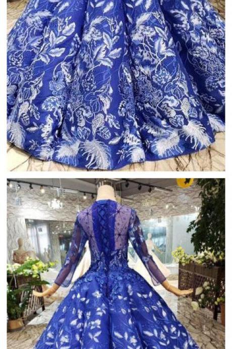 Blue Ball Gown Floral Prom Dress With Long Sleeves, Appliqued Long Quinceanera Dress