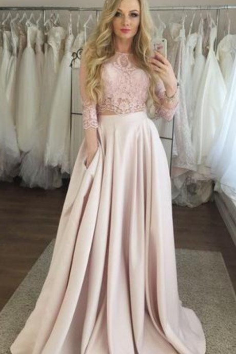 Pearl Pink Two Piece Prom Dress With Lace, 3/4 Sleeves Long Formal Dress With Pockets