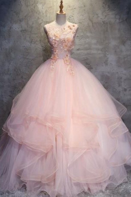 Ball Gown Long Prom Dress With Hand Made Flowers, Gorgeous Quinceanera Dresses