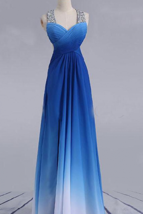 Elegant Beading Straps Cross Back Gradient Blue Ombre Prom Dress, Long Bridesmaid Dress