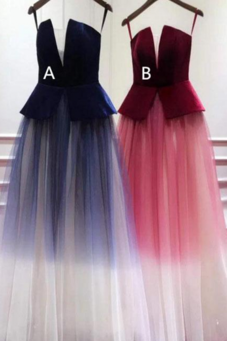 Ombre Blue Tulle Long Prom Dress, Unique Style Strapless Long Evening Dress