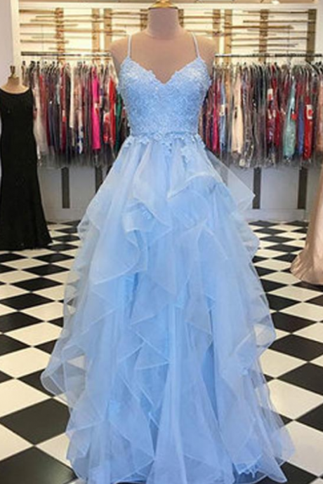 Sky Blue Tulle Spaghetti Straps V-neck Ruffle Skirt Long Prom Dresses