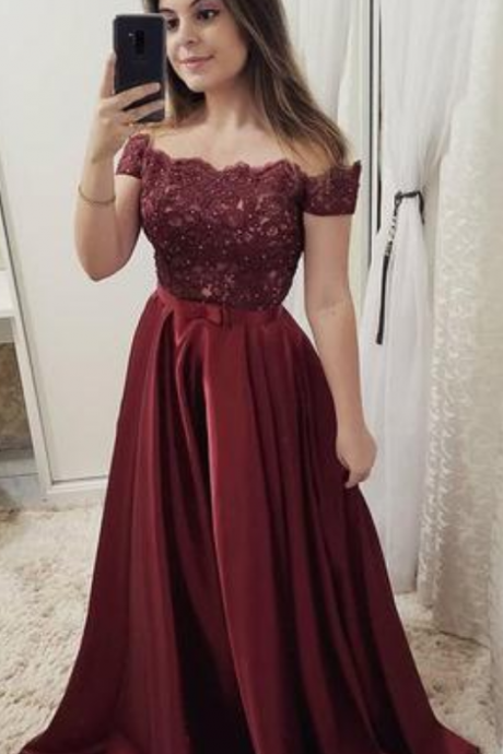 Burgundy Off Shoulder Satin Prom Dress With Lace, A Line Formal Dresses