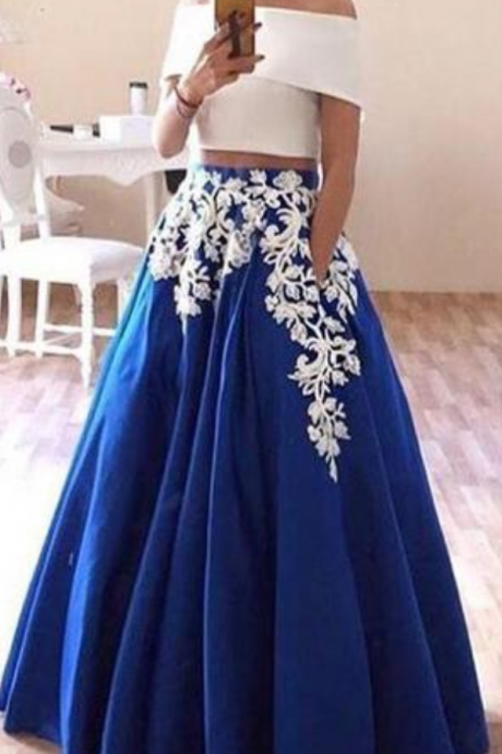 Off The Shoulder Two Piece Prom Dress, Floor Length Blue Formal Dresses