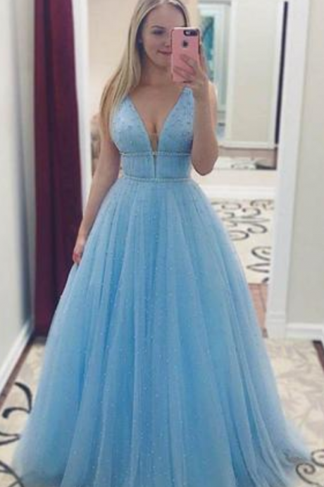 Sky Blue V Neck Floor Length Prom Dress With Beading, A Line Tulle Formal Dress