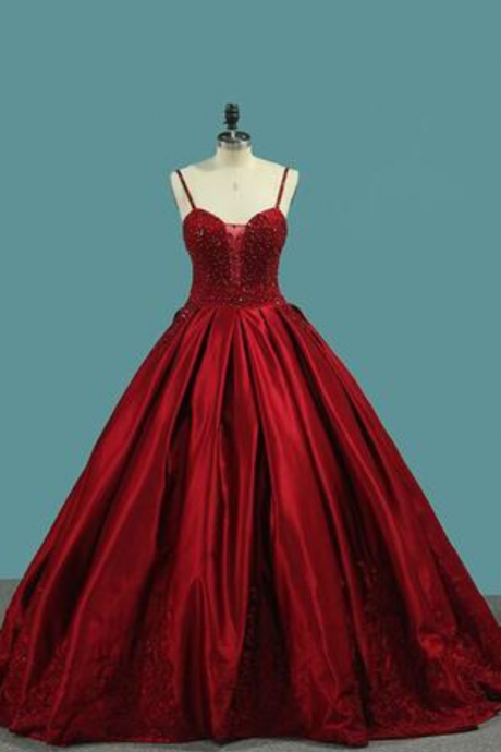 Red Spaghetti Strap Satin Puffy Prom Dress With Crystals, Beading Gorgeous Formal Dress