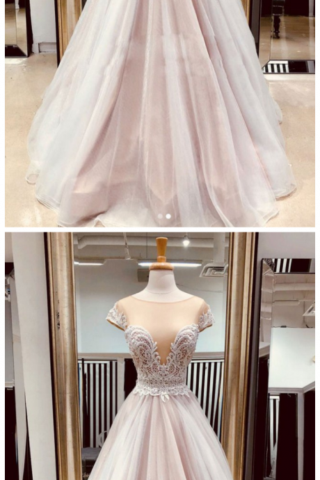 A Line Sheer Neck Cap Sleeves Prom Dress With Lace Appliques, Long Senior Dress