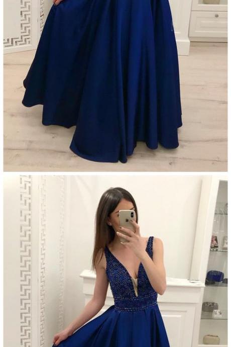 Royal Blue A Line Satin Prom Dresses, Sparkly Beading Sleeveless Party Dresses
