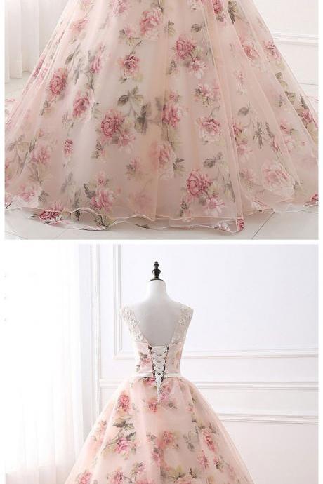 Ball Gown Print Prom Dresses, Lace Up Back Appliques Long Quinceanera Dresses