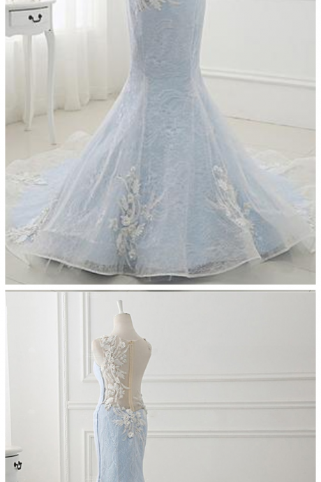 Baby Blue Sweep Train Lace Mermaid Evening Dresses, Formal Dress With Applique