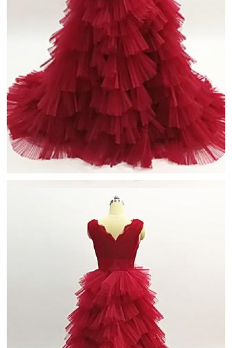 Burgundy Tulle Layered Long Evening Dress, A Line V Neck Tiered Tulle Prom Dress