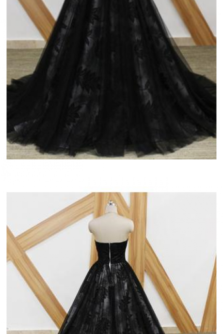 Black Lace Strapless Long Sweet 16 Prom Dress, Long Tulle Graduation Dress