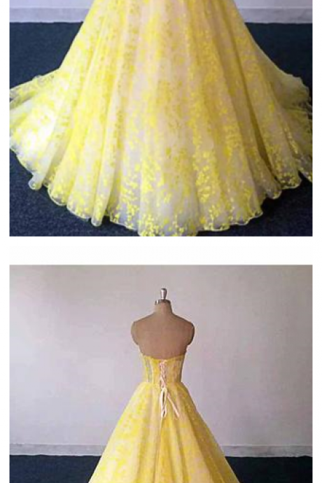 Yellow Lace Strapless Long Graduation Dress, Sweetheart Prom Dress For Teens