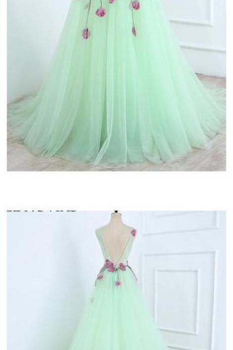 A Line Mint Green Sleeveless Tulle Formal Dress With Appliques, Long Tulle Prom Dress