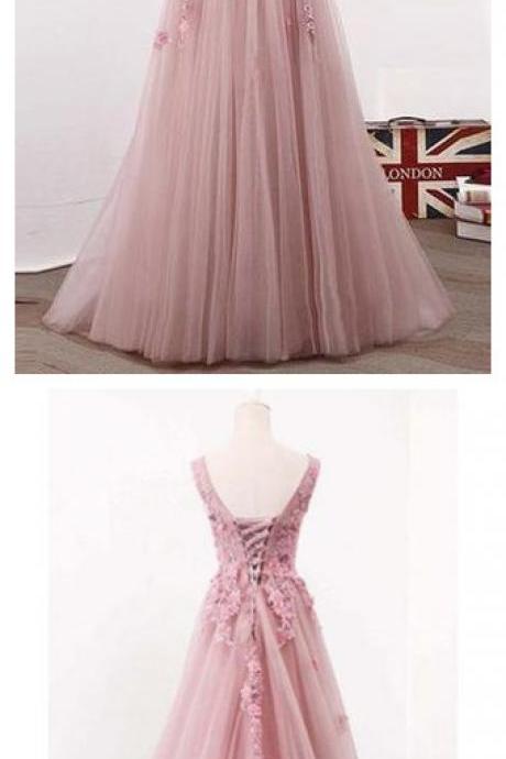 Blush Pink Elegant V Neck Tulle Prom Dresses, A Line Appliques Evening Dresses With Flowers