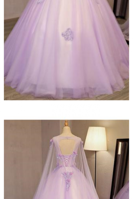Unique Lilac Tulle Long Ball Gown Evening Dress With Flowers, Puffy Quinceanera Dresses