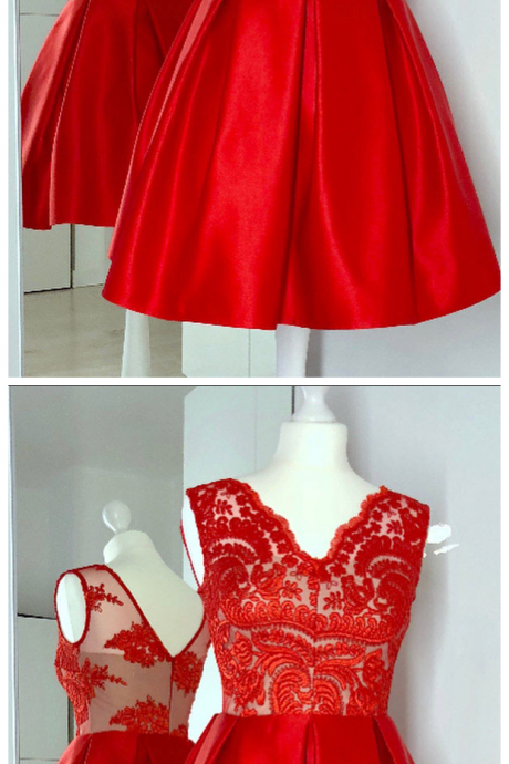 A Line Red Sleeveless Satin Prom Dress With Lace, Short V Neck Lace Top Homecoming Dresses, Graduation Dresses