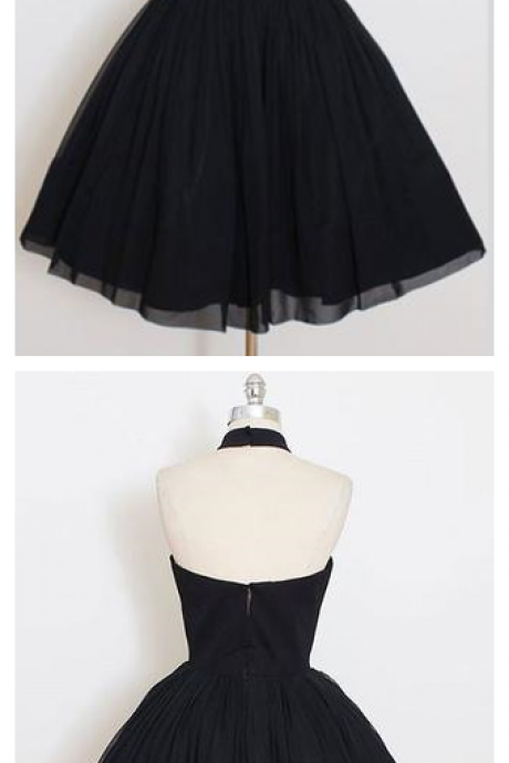 Black Sleeveless Homecoming Dress, Simple Halter Party Dresses, Tea Length Graduation Dress