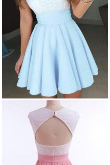 Pale Blue A-line Cap Sleeves Short Chiffon Homecoming Dress With Lace Top,mini Prom Dress