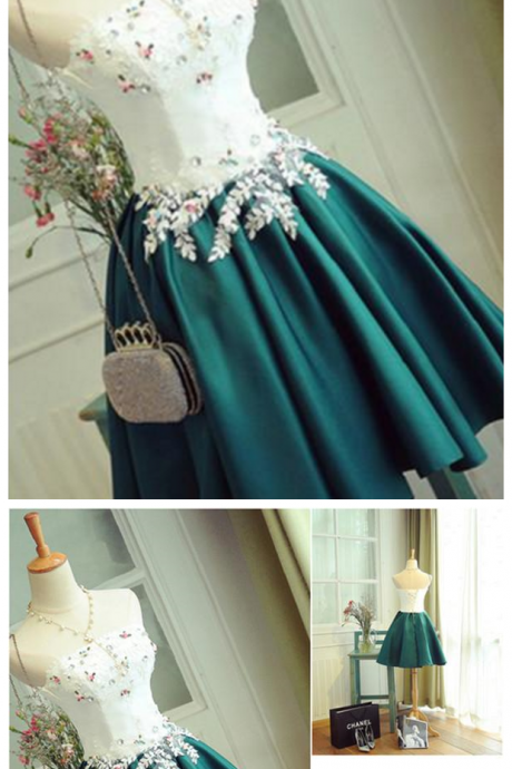 Special Deep Jade Short Prom Dress With Appliques,strapless Stain Cocktail Dress