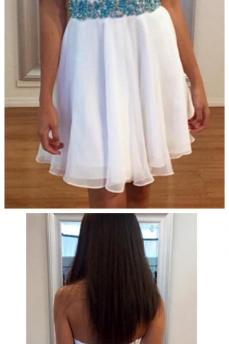 White Sweetheart Chiffon Short Dress, A Line Homecoming Dress With Beading Belt