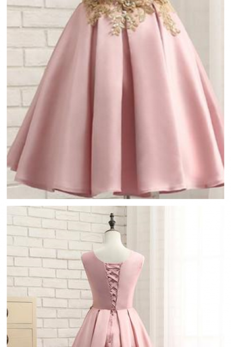 Pink A Line Sleeveless Ruched Homecoming Dress With Gold Appliques, Short Prom Dress