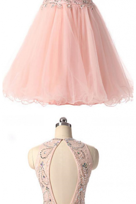Pink Jewel Tulle Homecoming Dresses With Open Back, Beading Sleeveless Short Prom Dress