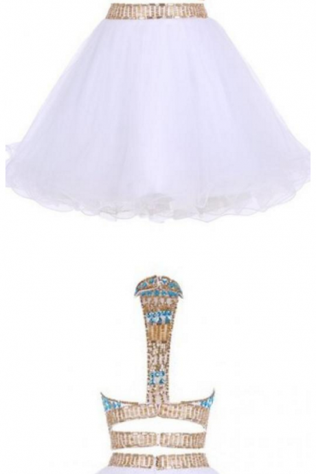 Two Piece Jewel Tulle Homecoming Dress With Beads, White Short Mini Prom Dress