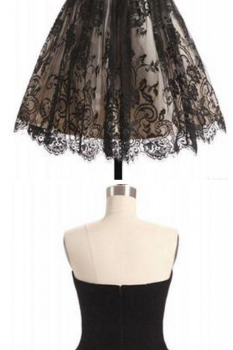 A Line Sweetheart Lace Homecoming Dress, Black Short Strapless Prom Dresses