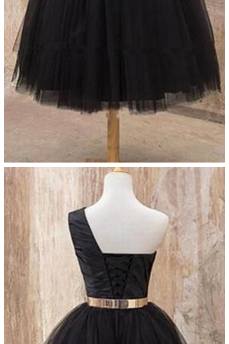 A Line One Shoulder Black Tulle Tea Length Homecoming Dresses With Belt, Short Prom Dresses