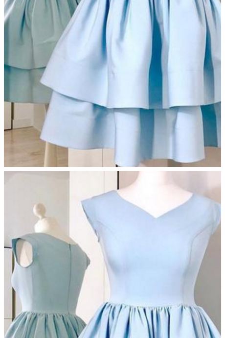 Light Blue Cap Sleeve Homecoming Dress, Two Layers V Neck Short Party Dress