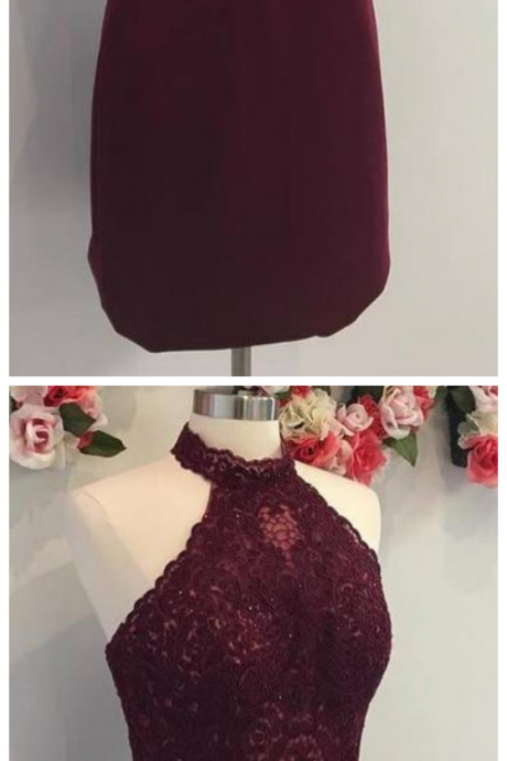 Maroon Sleeveless Short Homecoming Dresses Lace Cocktail Dresses