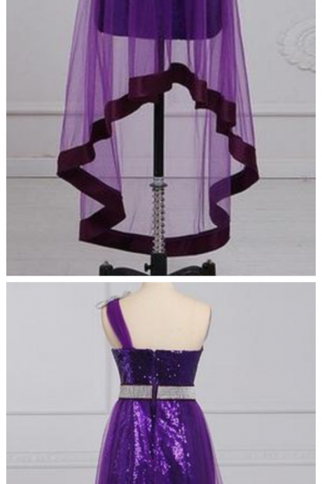 Purple One Shoulder Sleeveless Sequin High Low Tulle Homecoming Dresses