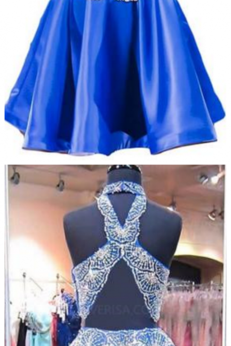 Royal Blue Halter Sleeveless Homecoming Dresses,beaded Cocktail Dresses