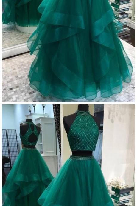 Two Piece Emerald Green Sleeveless Open Back Prom Dresses With Beading
