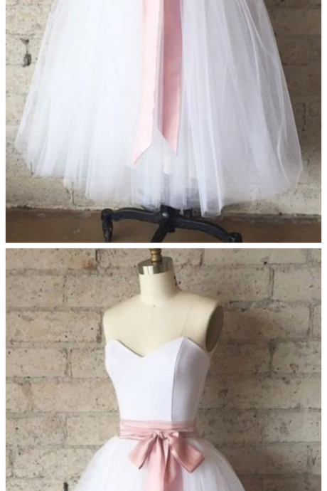 White Sweetheart Tea Length Sleeveless Homecoming Dresses A Line Prom Dresses