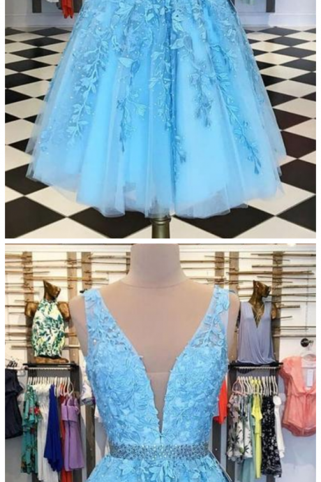 Blue V Neck Sleeveless A Line Prom Dresses Short Homecoming Dresses With Lace Appliques