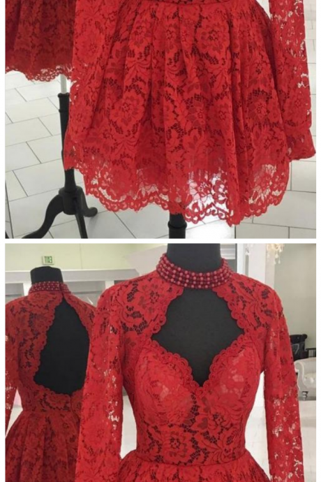 Red Long Sleeves Backless Lace Homecoming Dresses Short Prom Dresses