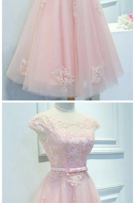 Pink Scoop Neck Cap Sleeves Lace Prom Dresses Affordable Homecoming Dresses