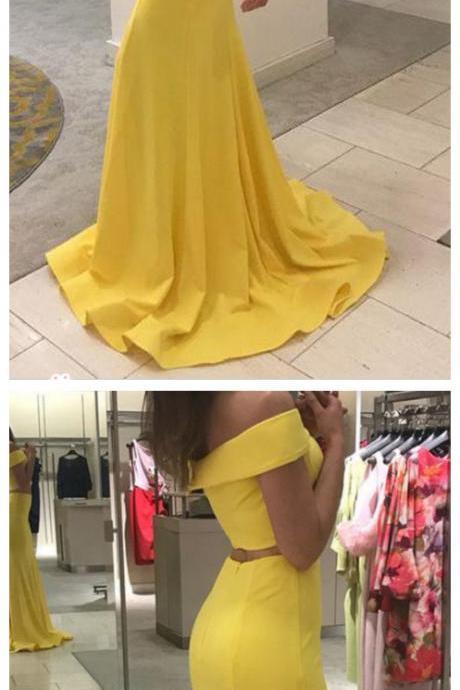 Two Piece Prom Dresses Trumpet Mermaid Brush Train Long Yellow Chic Prom Dress