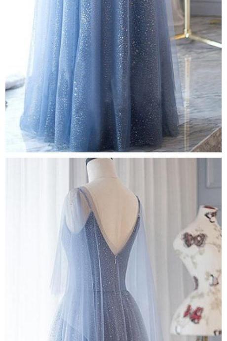 Lace Prom Dresses V Neck A Line Dusty Blue Long Sparkly Prom Dress