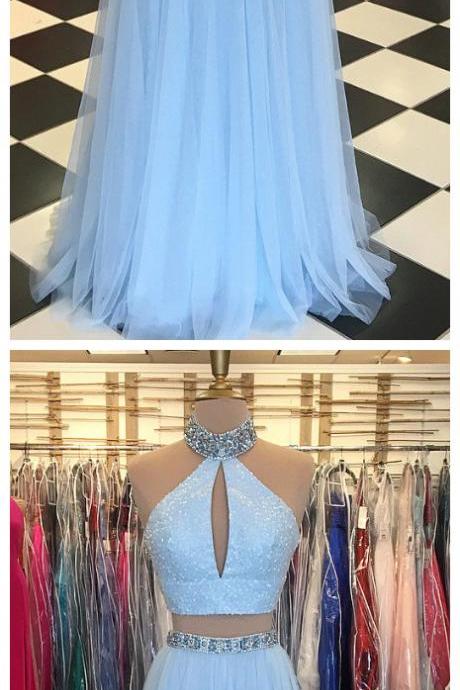 Blue Beaded Prom Dress,high Neck Two Piece Prom Dresses,split Formal Dress