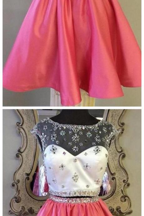 Satin Two Pieces Beaded Cute Girly Homecoming Dresses
