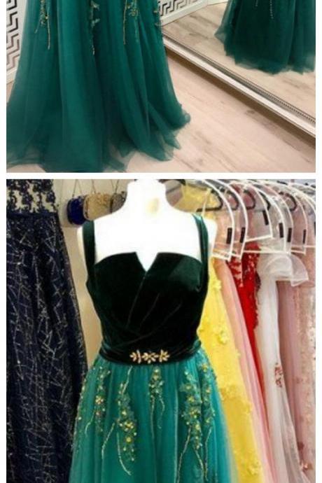 A Line Green And Black Tulle Prom Dresses